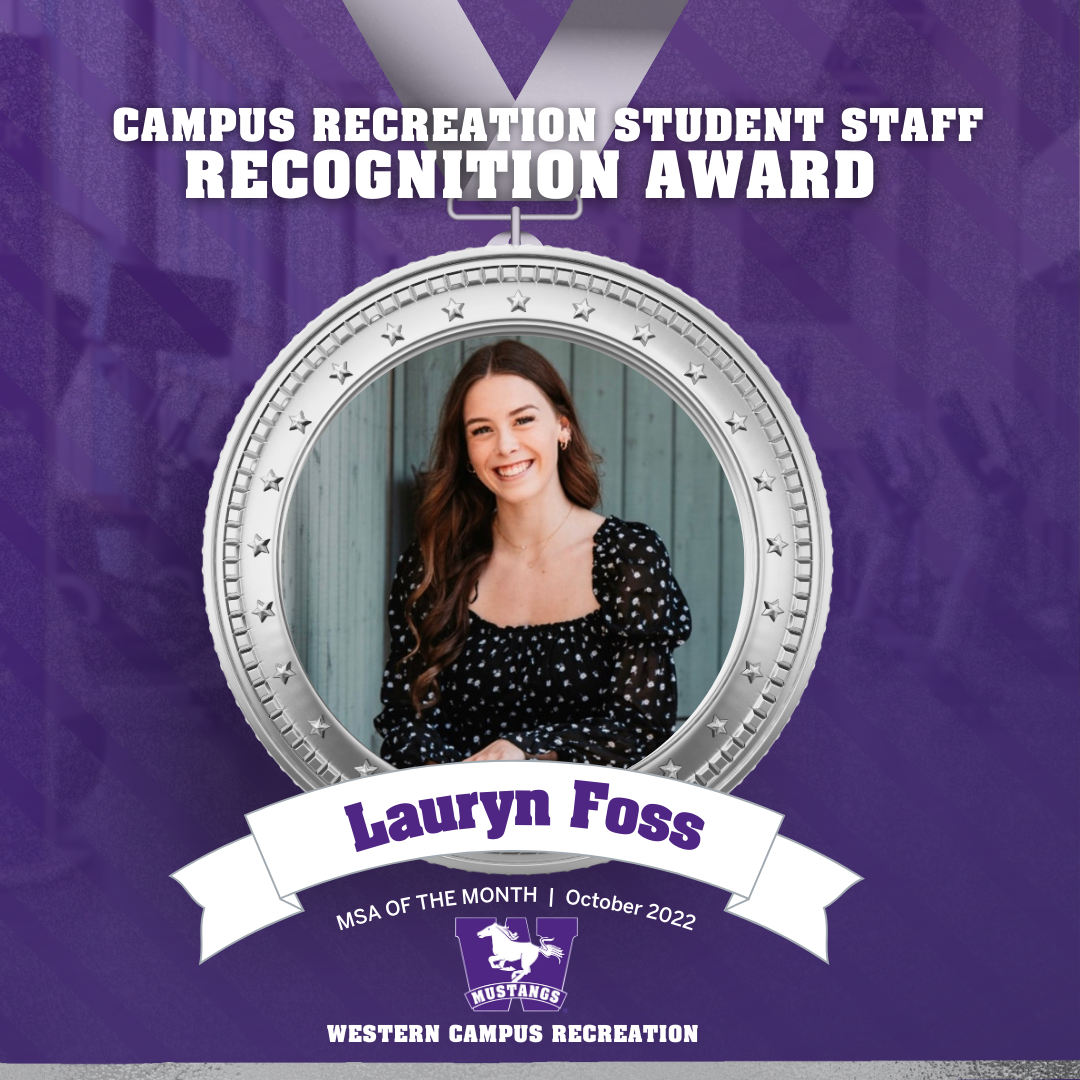 Head shot of Lauryn Foss inside a silver medal graphic that says Student Staff recognition award